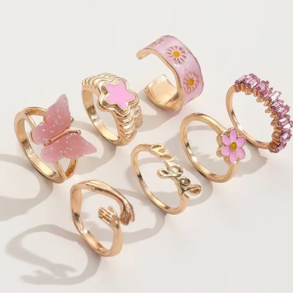 Gold and Pink Butterfly Ring Set - Picture 4 of 8